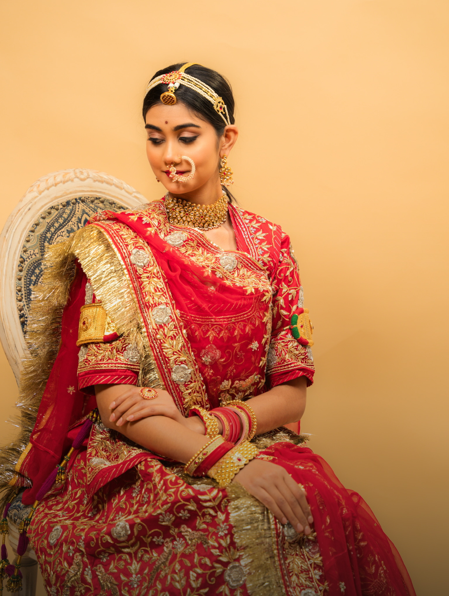 Red Satin Rajputi Bridal Poshak With Pure Odhna