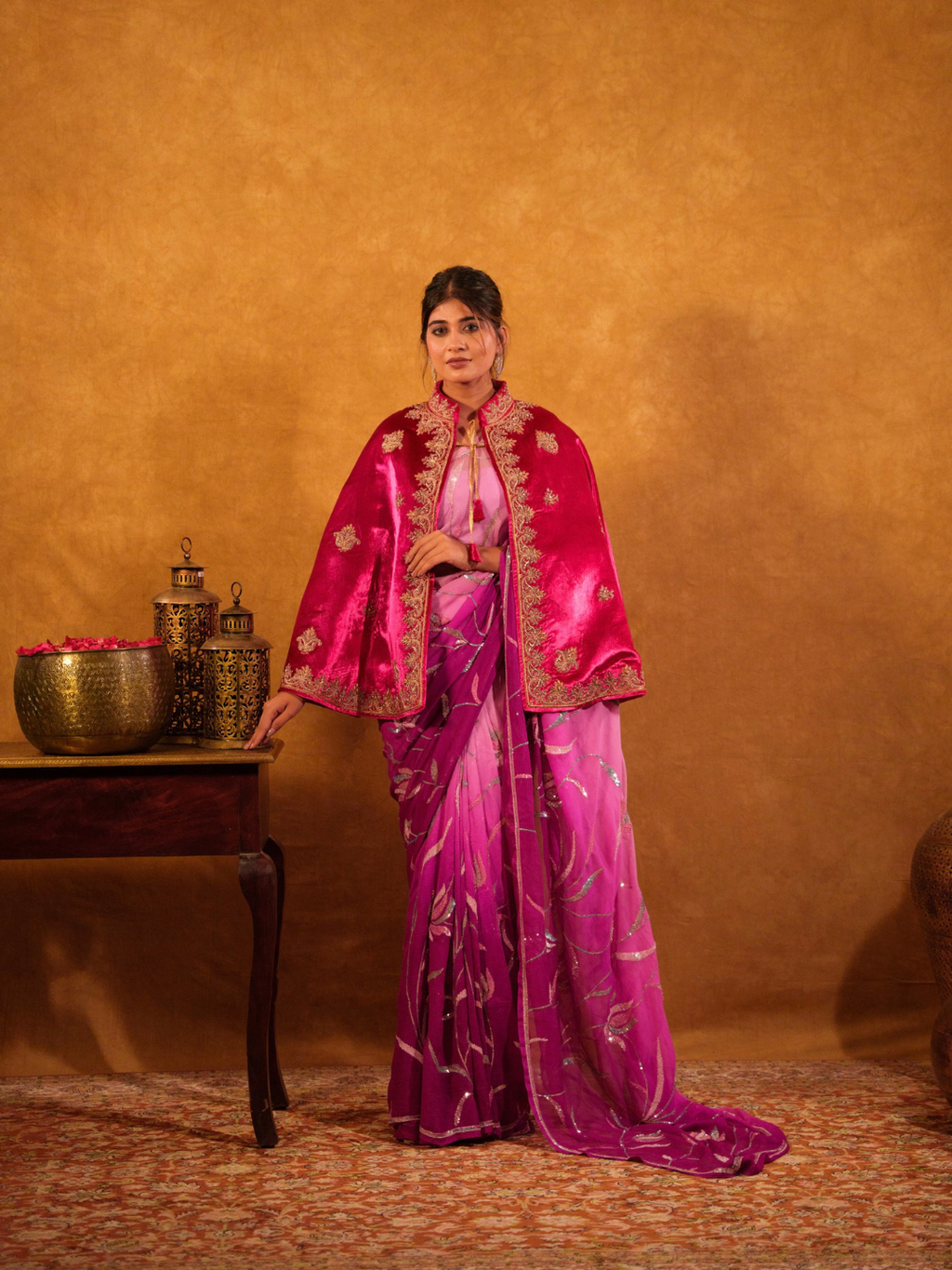 Rani Pink Velvet Cape – Zari Embroidery