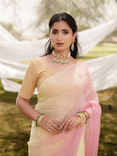 Cherry Blossom Pastel Blond Shaded Hand-Dyed Viscose Chiffon Saree