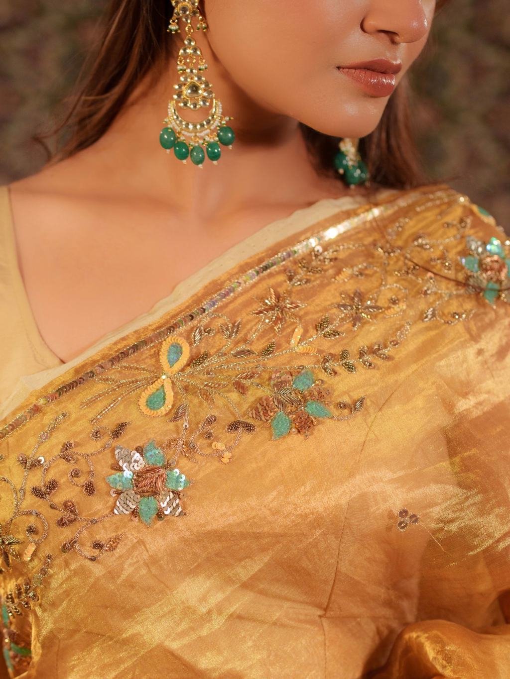 Mustard Gold Tissue Silk Saree With Zardozi