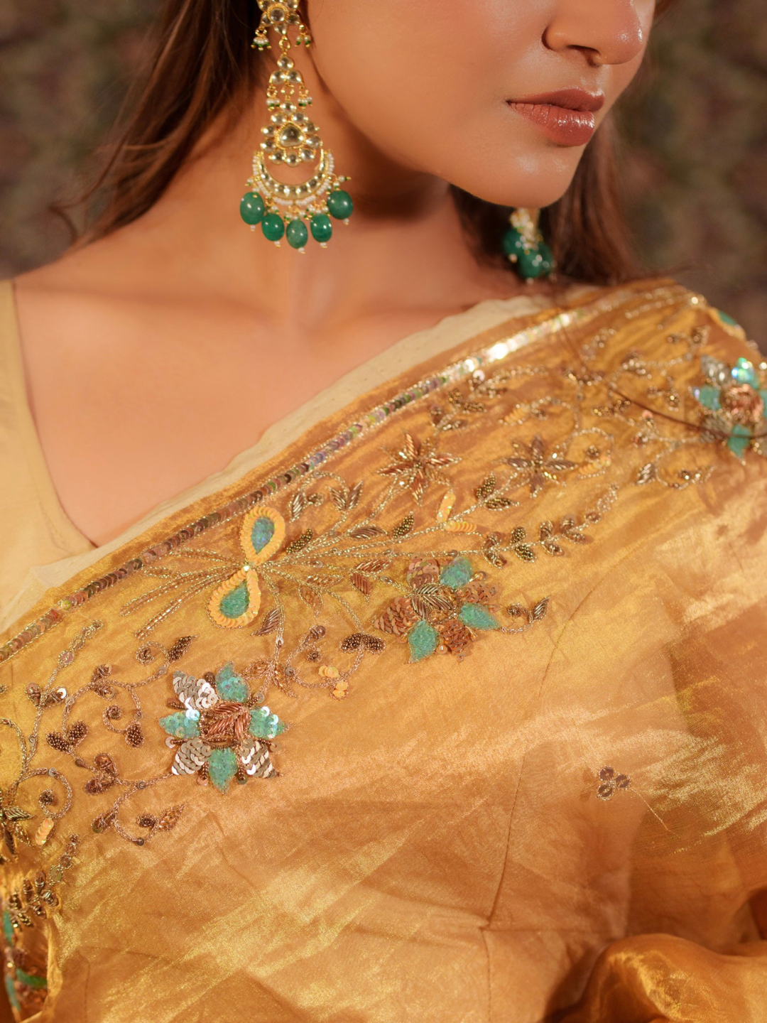 Mustard Gold Tissue Silk Saree – Hand Embroidery