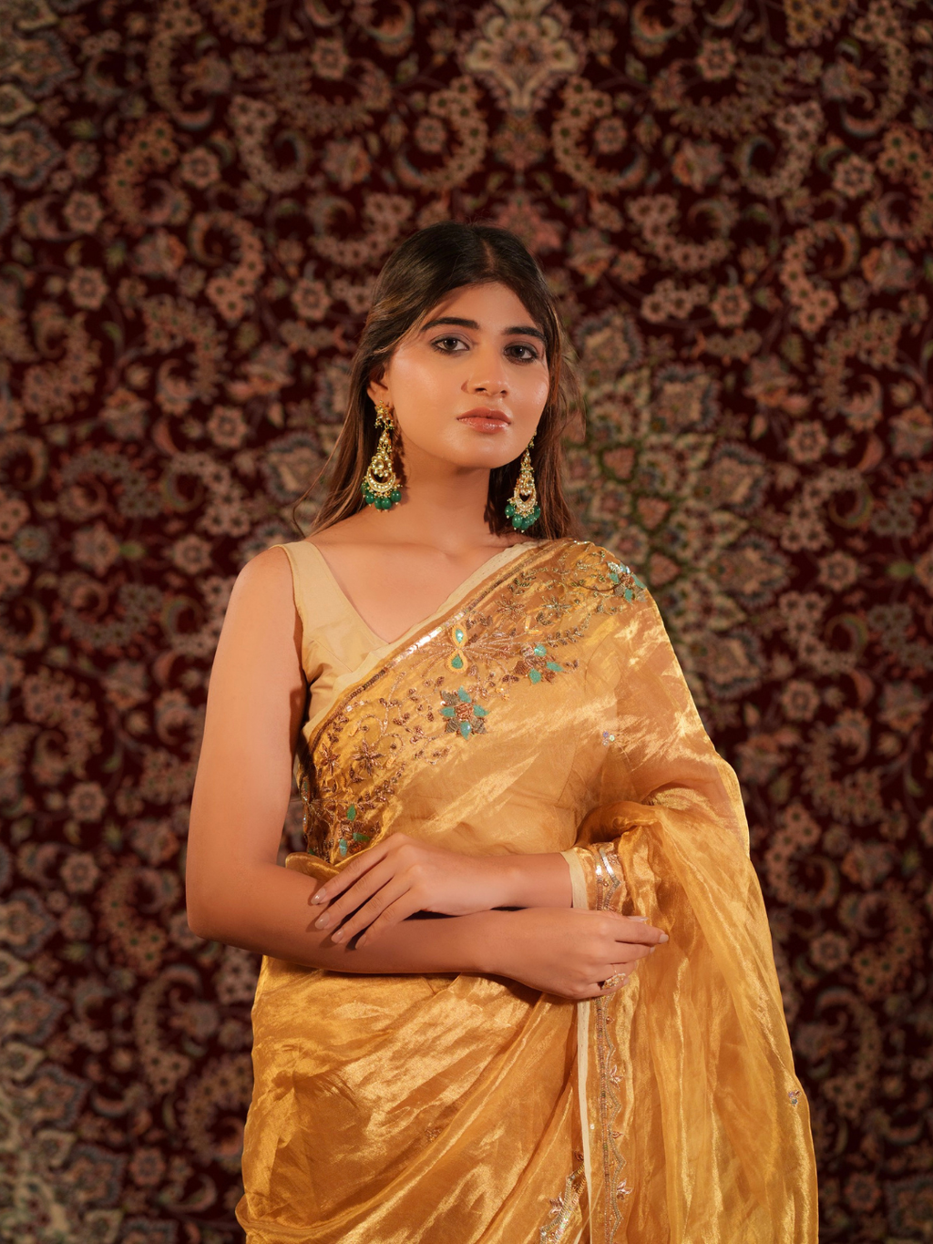 Mustard Gold Tissue Silk Saree With Zardozi