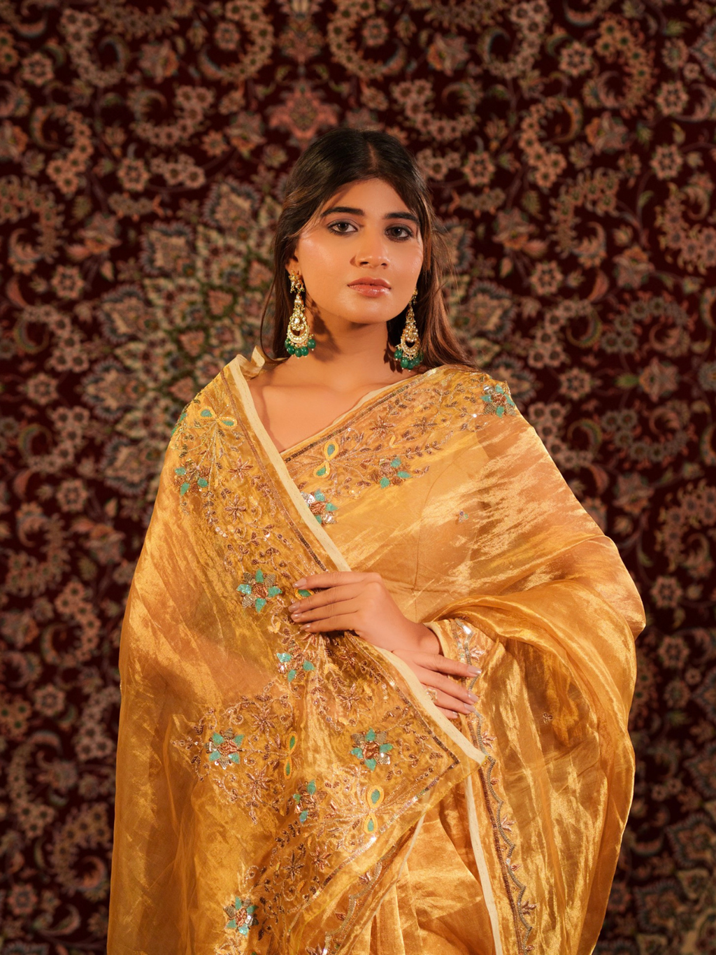 Mustard Gold Tissue Silk Saree With Zardozi
