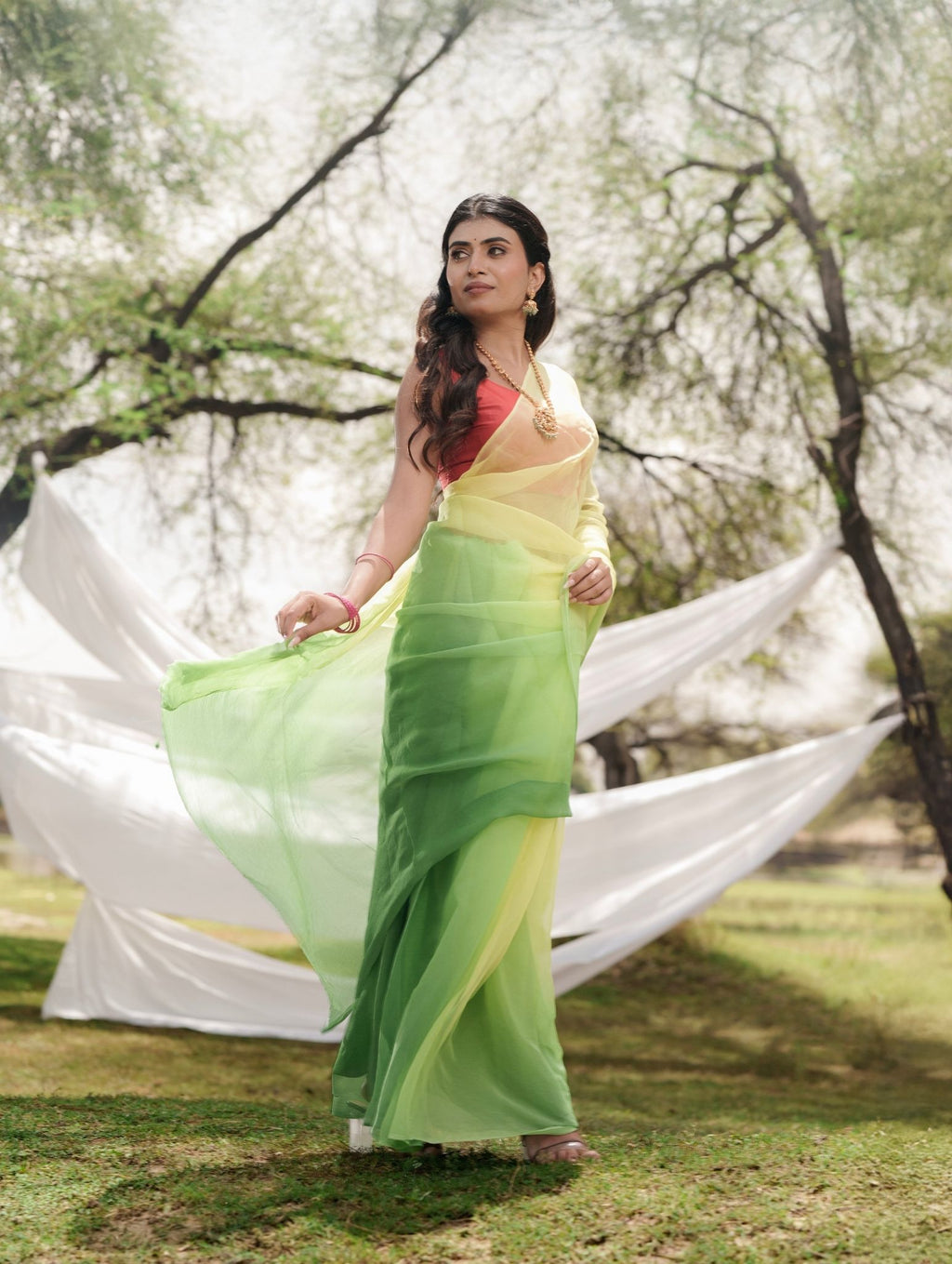 Sea Green And Lime Shaded Hand-Dyed Viscose Chiffon Saree