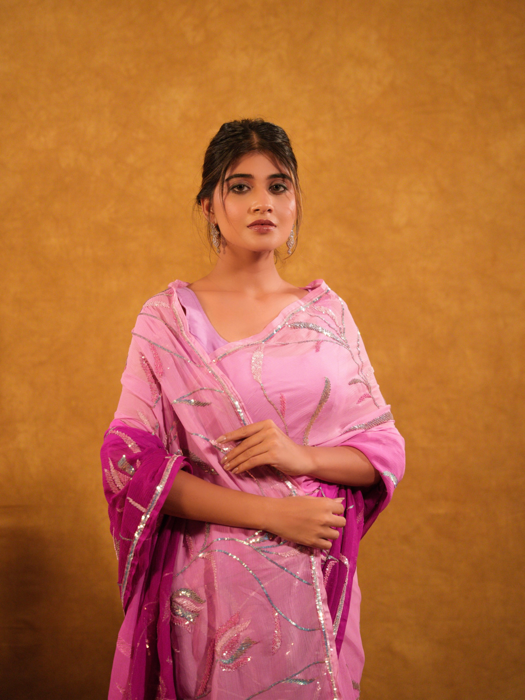 Pink Ombre Chiffon Saree – Silver Floral Embroidery