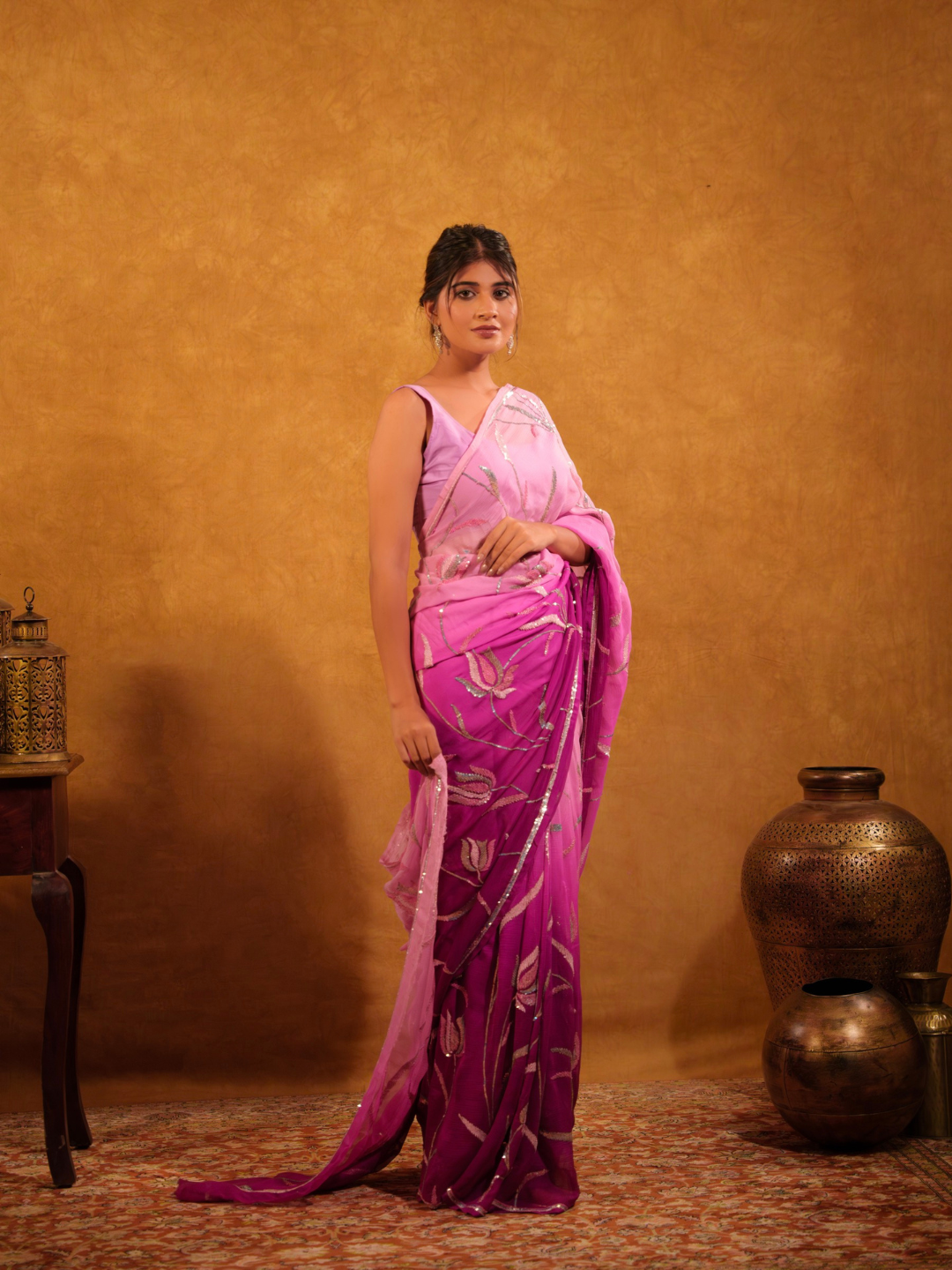Pink Ombre Chiffon Saree – Silver Floral Embroidery
