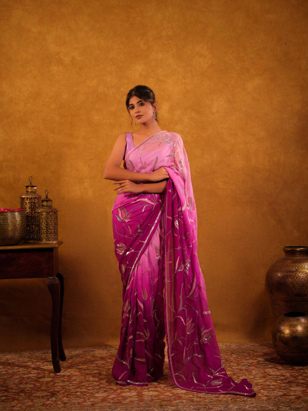 Pink Ombre Chiffon Saree – Silver Floral Embroidery
