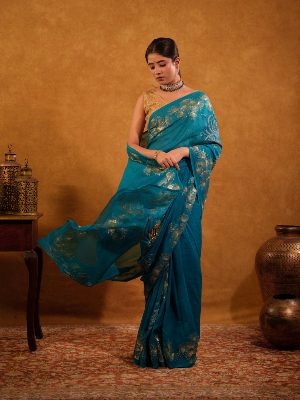 Teal Blue Pure Chiffon Aari Peacock Motif Handwork Saree
