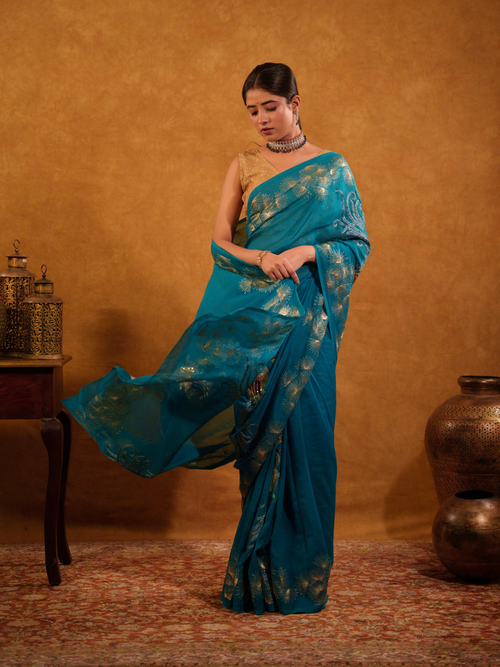 Blue Chiffon Saree With Aari Work and Peacock Motif Handwork