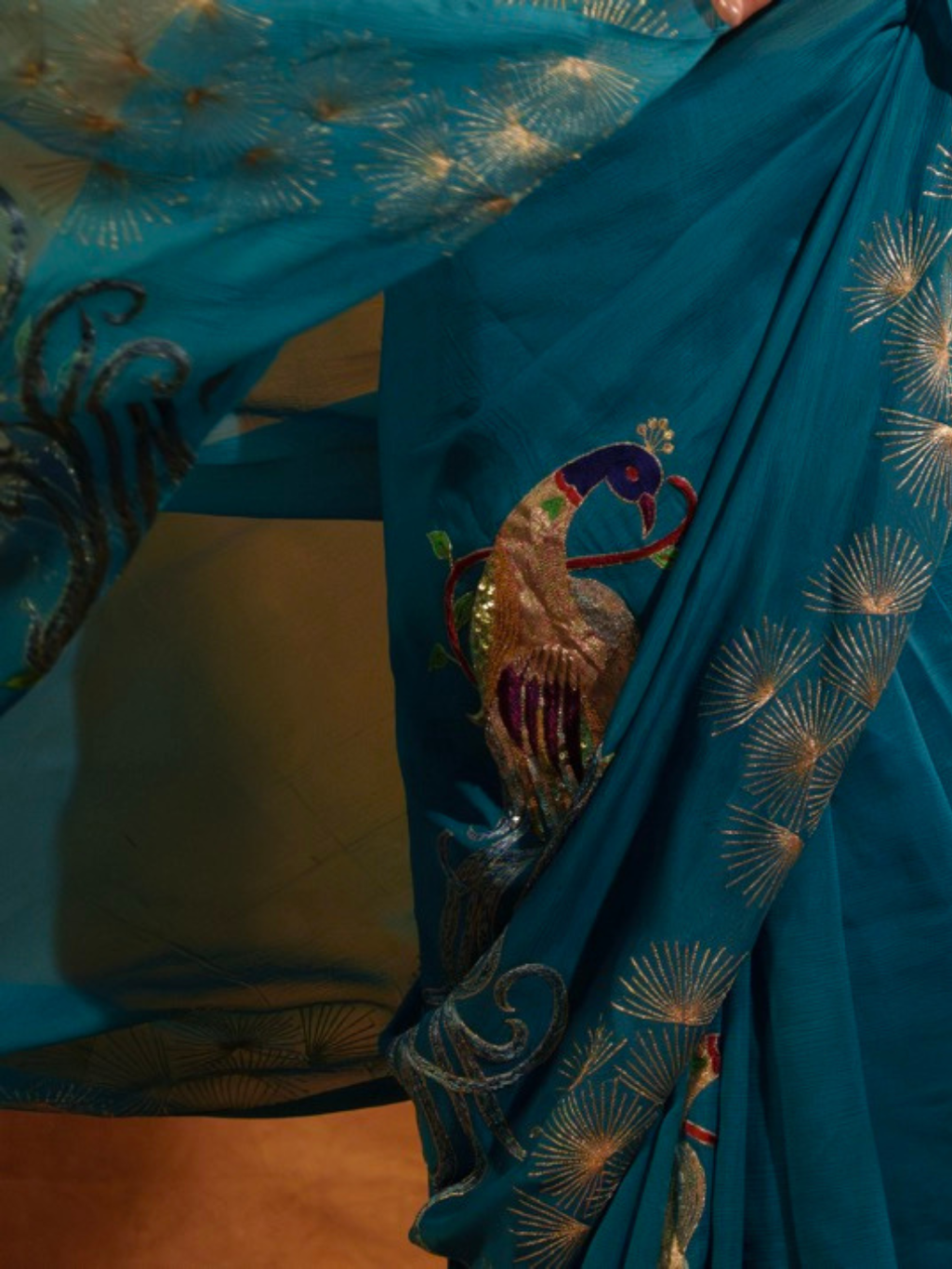 Teal Blue Pure Chiffon Aari Peacock Motif Handwork Saree