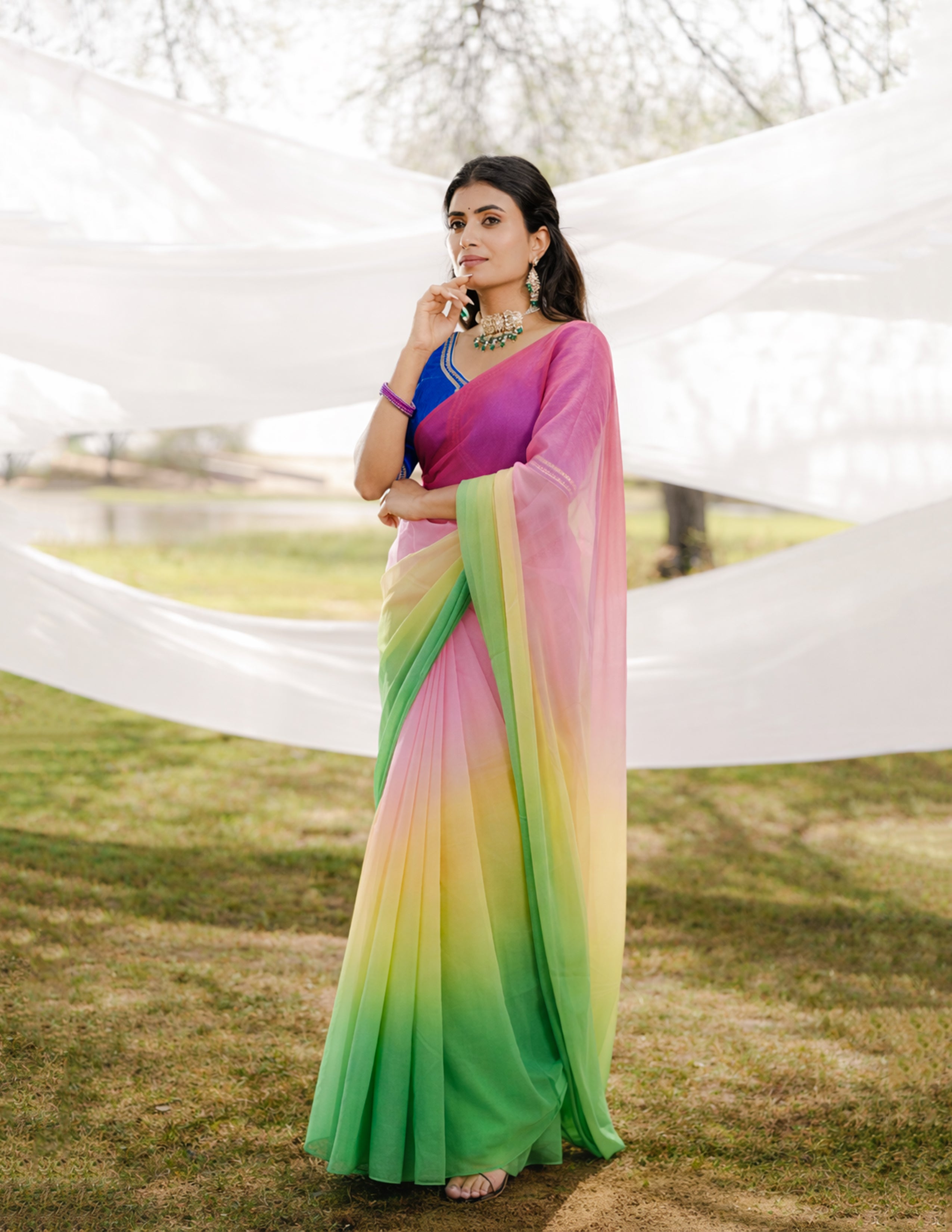 Pink Yellow Green Multicolor Hand-Dyed Viscose Chiffon Saree