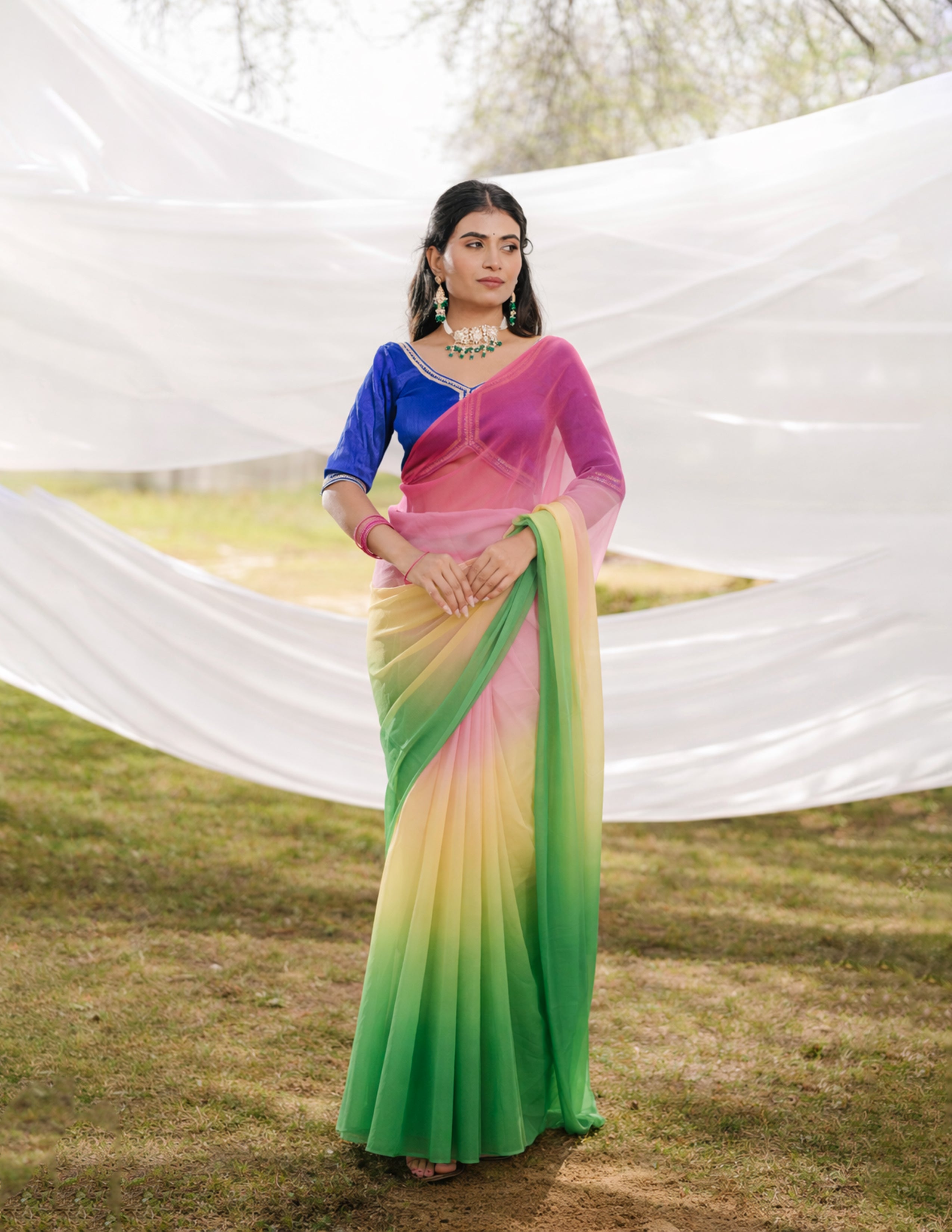 Pink Yellow Green Multicolor Hand-Dyed Viscose Chiffon Saree