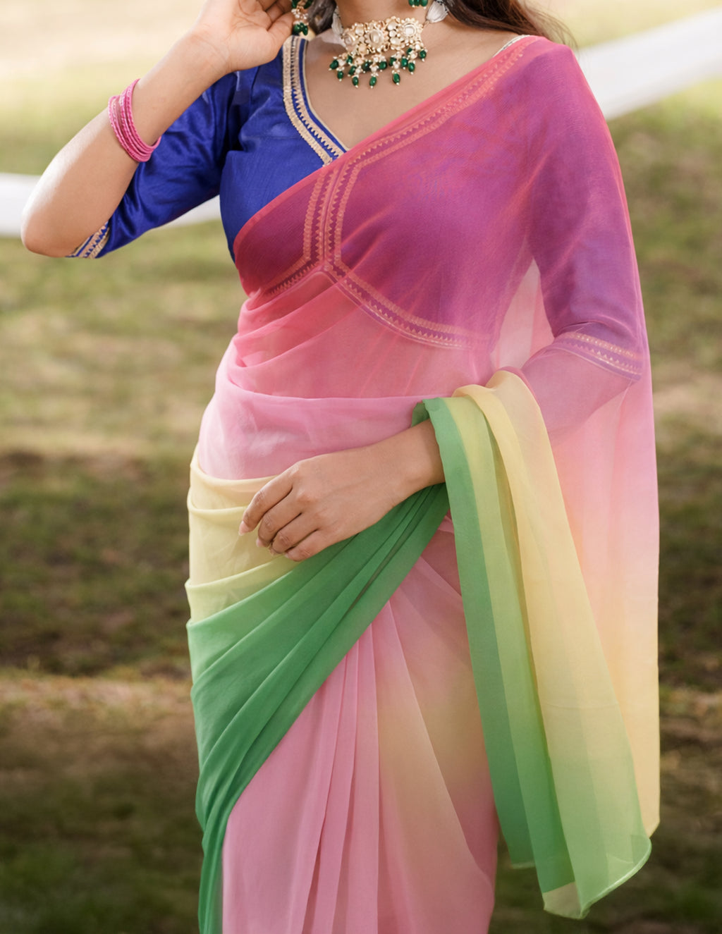 Pink Yellow Green Multicolor Hand-Dyed Viscose Chiffon Saree