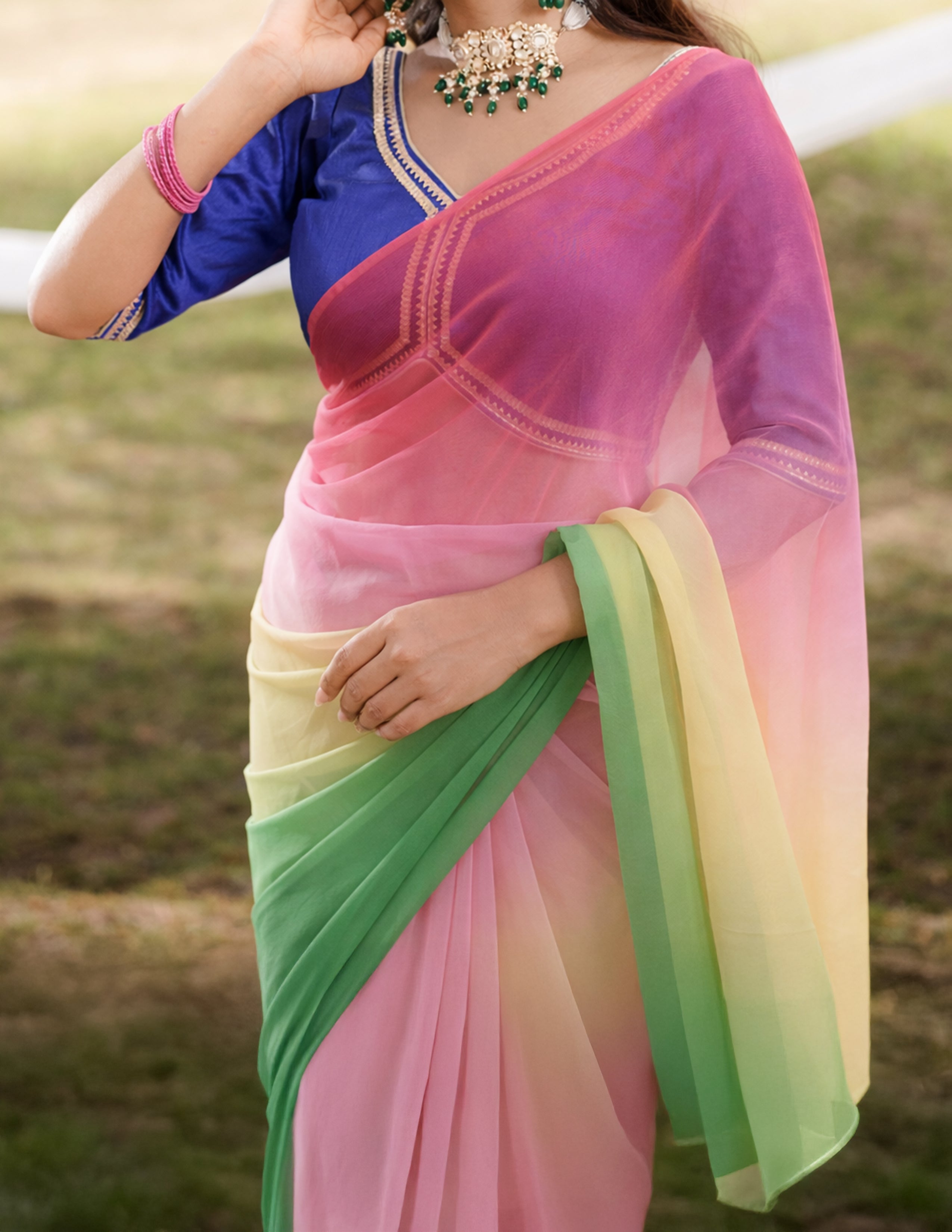 Pink Yellow Green Multicolor Hand-Dyed Viscose Chiffon Saree