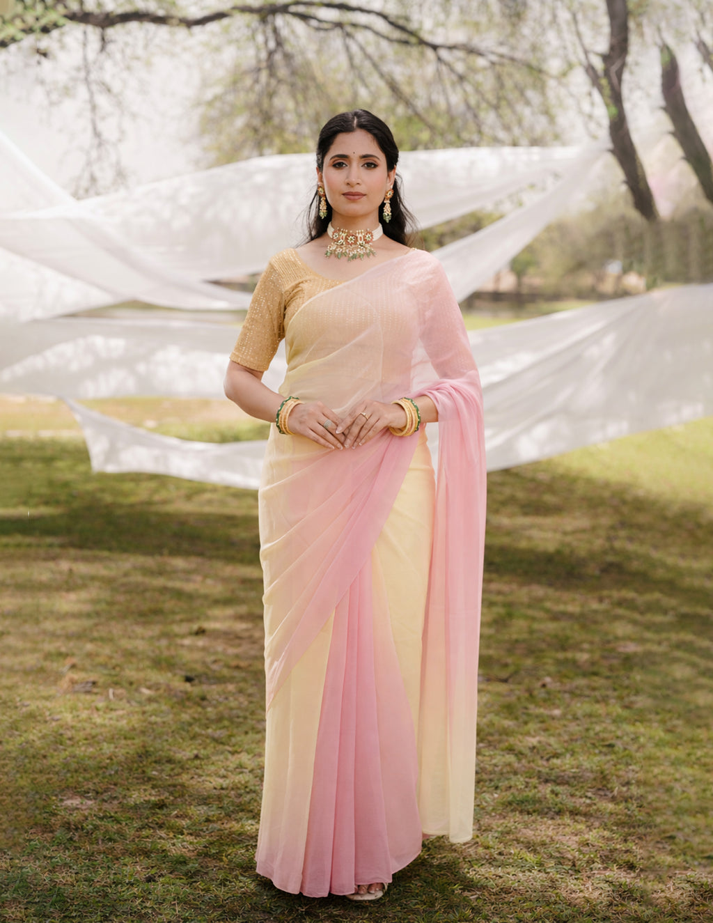 Cherry Blossom Pastel Blond Shaded Hand-Dyed Viscose Chiffon Saree