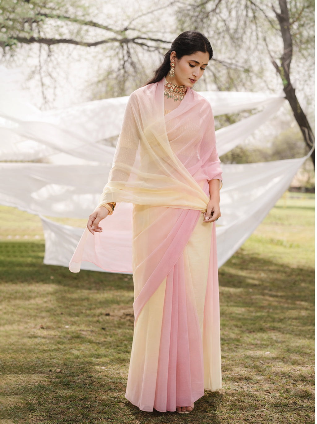Cherry Blossom Pastel Blond Shaded Hand-Dyed Viscose Chiffon Saree