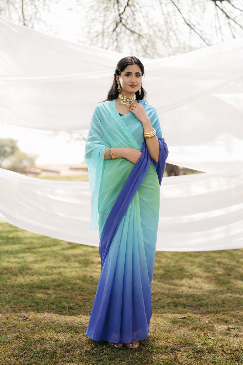 Midnight Blue And Baby Blue Shaded Hand-Dyed Viscose Chiffon Saree