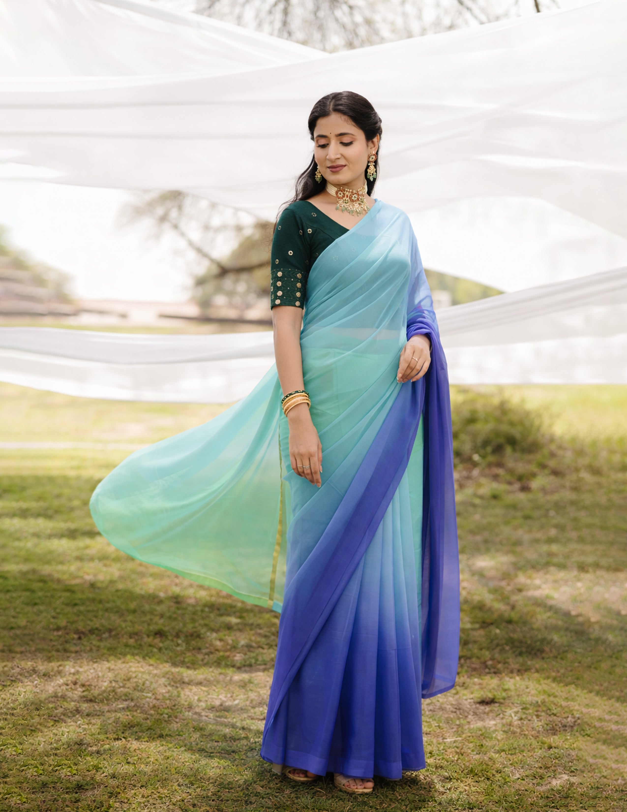 Midnight Blue And Baby Blue Shaded Hand-Dyed Viscose Chiffon Saree