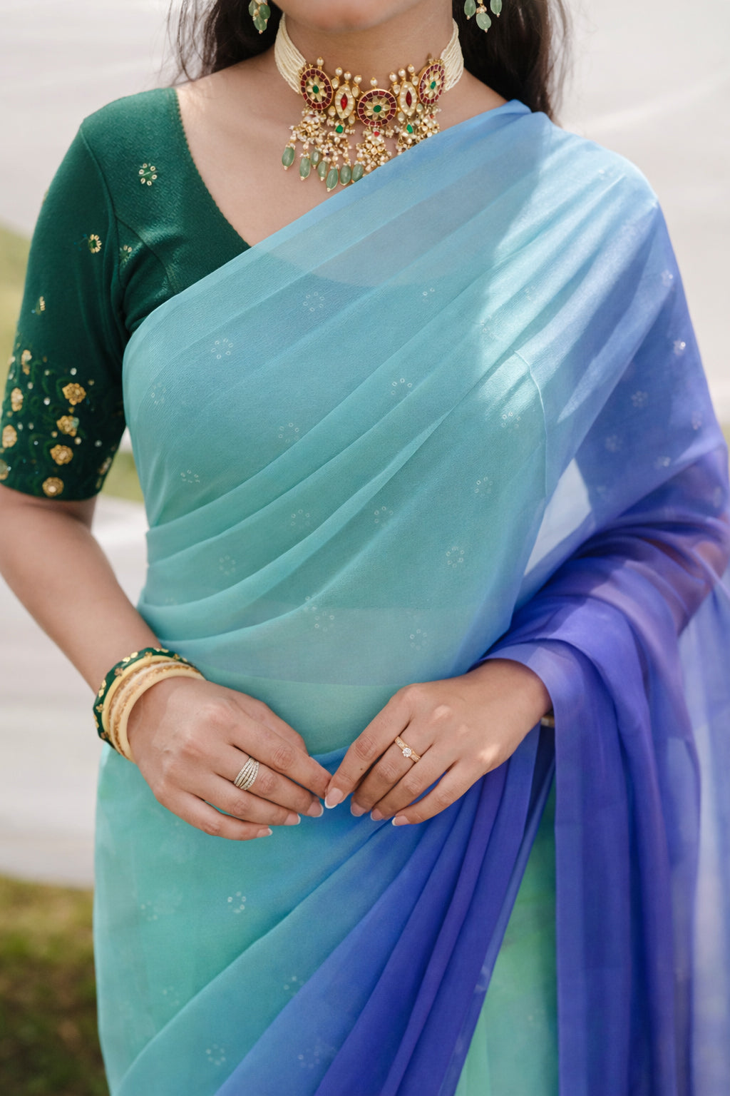 Midnight Blue And Baby Blue Shaded Hand-Dyed Viscose Chiffon Saree