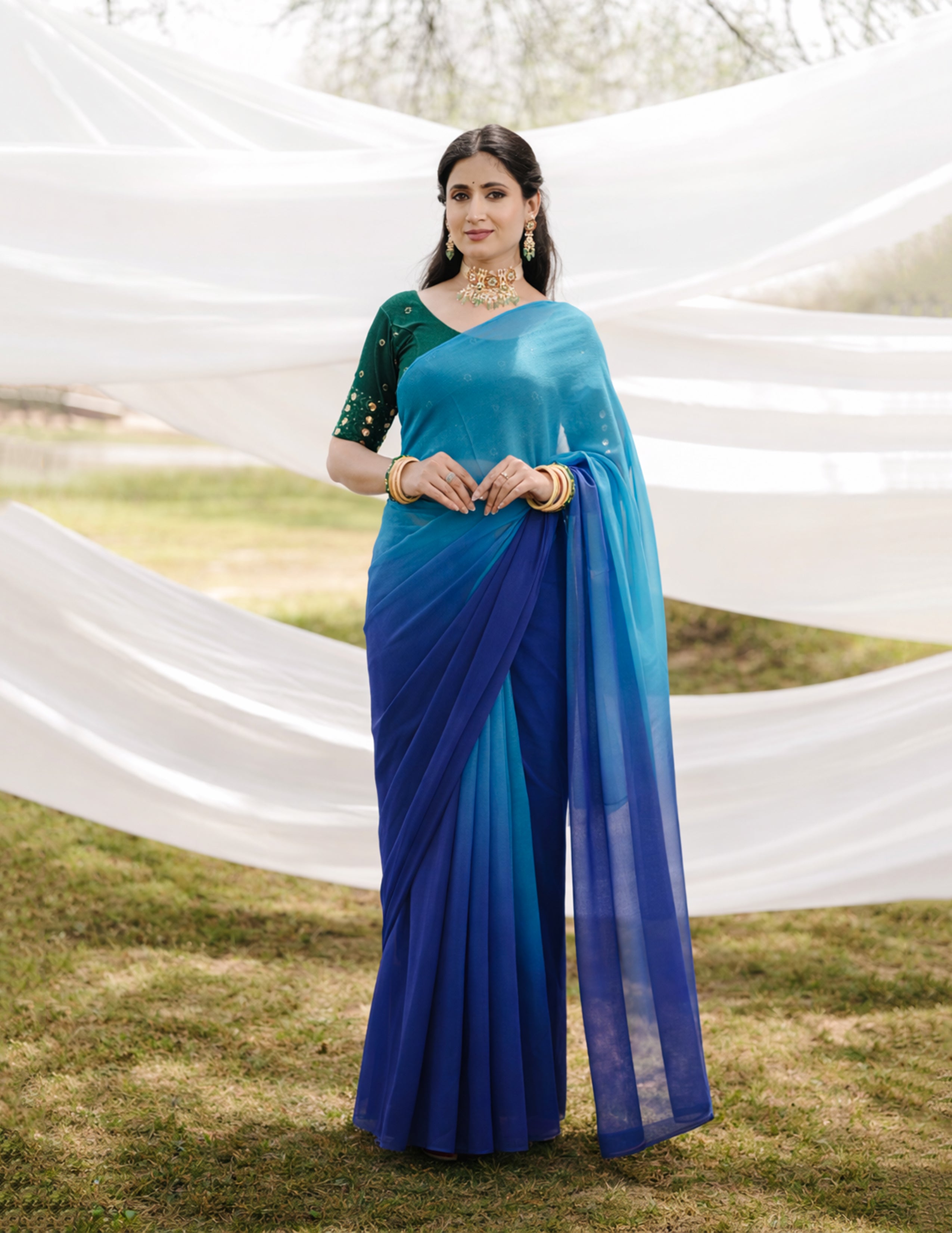 Midnight Blue Shaded Hand-Dyed Viscose Chiffon Saree