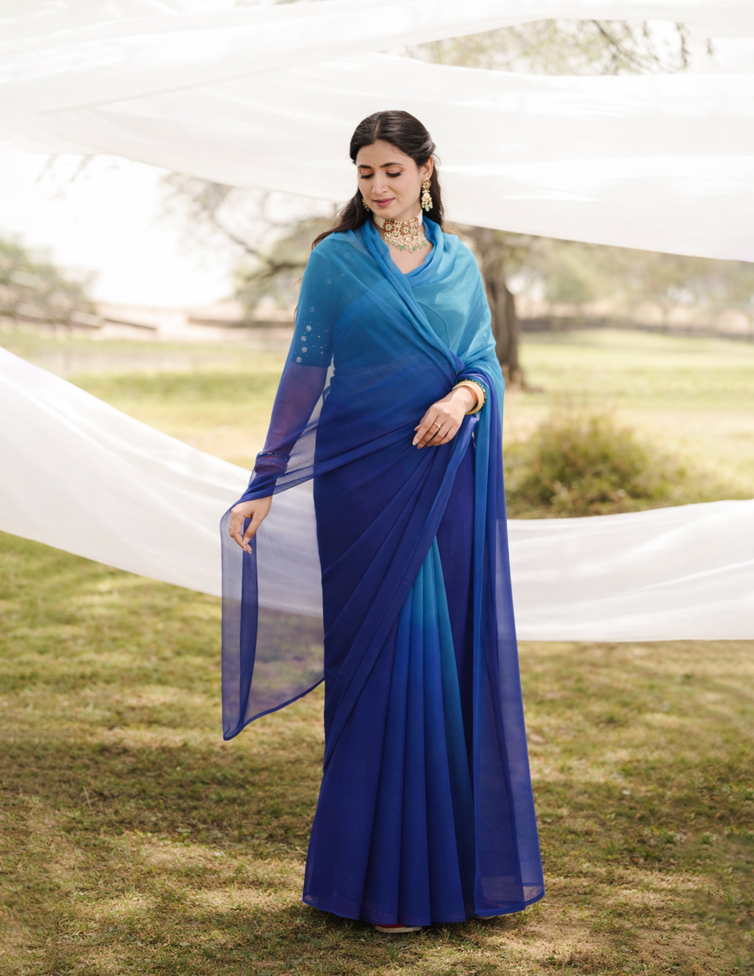Midnight Blue Shaded Hand-Dyed Viscose Chiffon Saree
