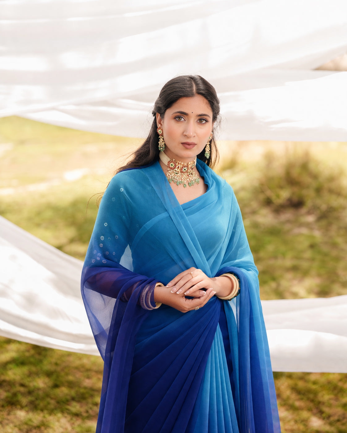 Midnight Blue Shaded Hand-Dyed Viscose Chiffon Saree