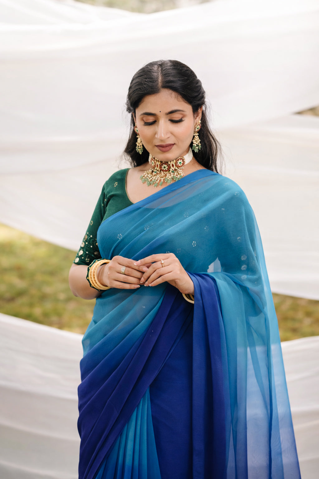 Midnight Blue Shaded Hand-Dyed Viscose Chiffon Saree