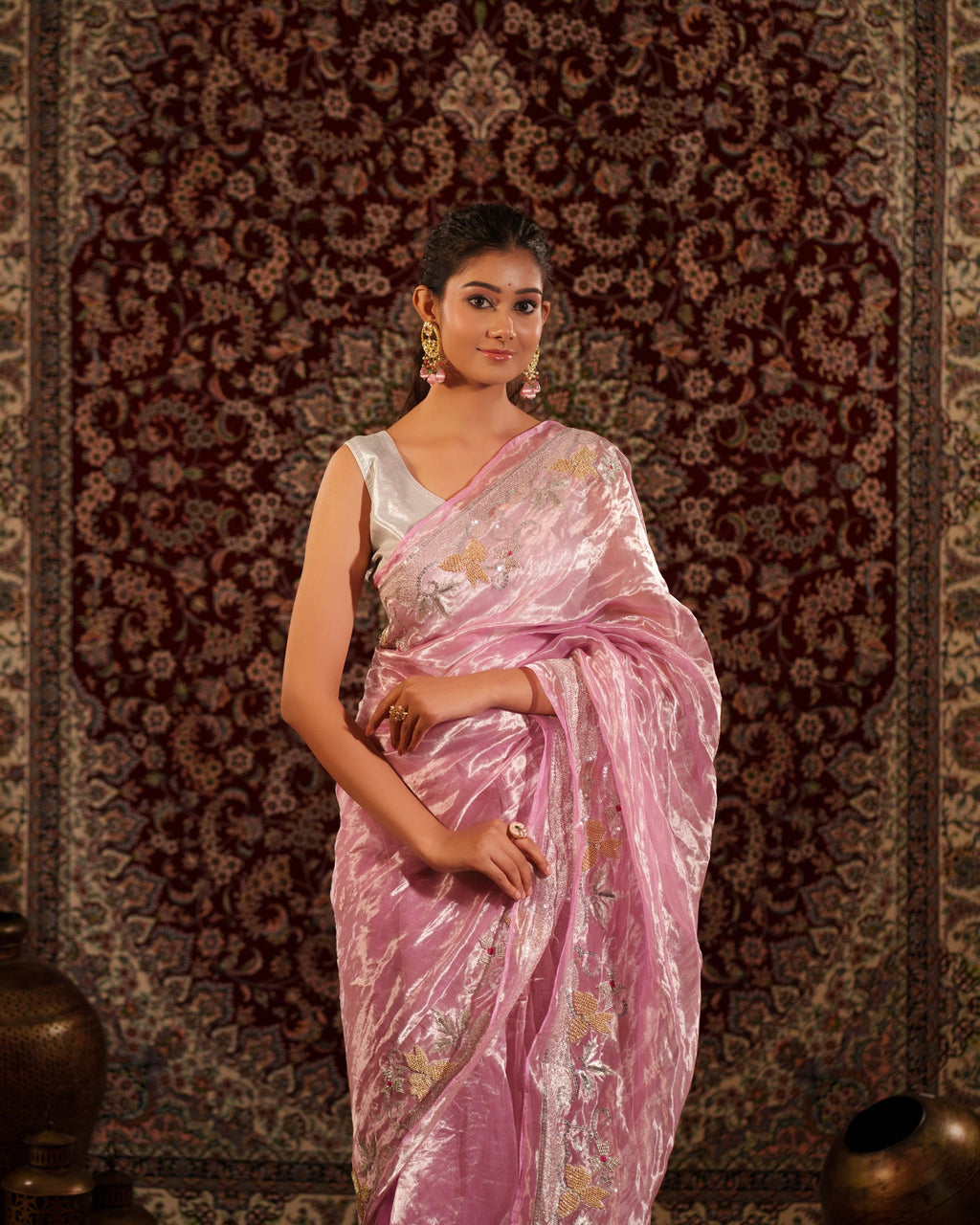 Blush Pink Tissue Saree With Floral Zardozi Work