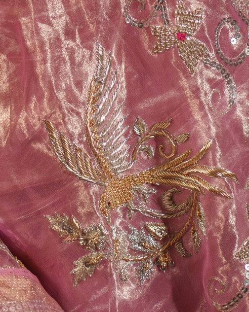 Blush Pink Tissue Saree With Floral Zardozi Work