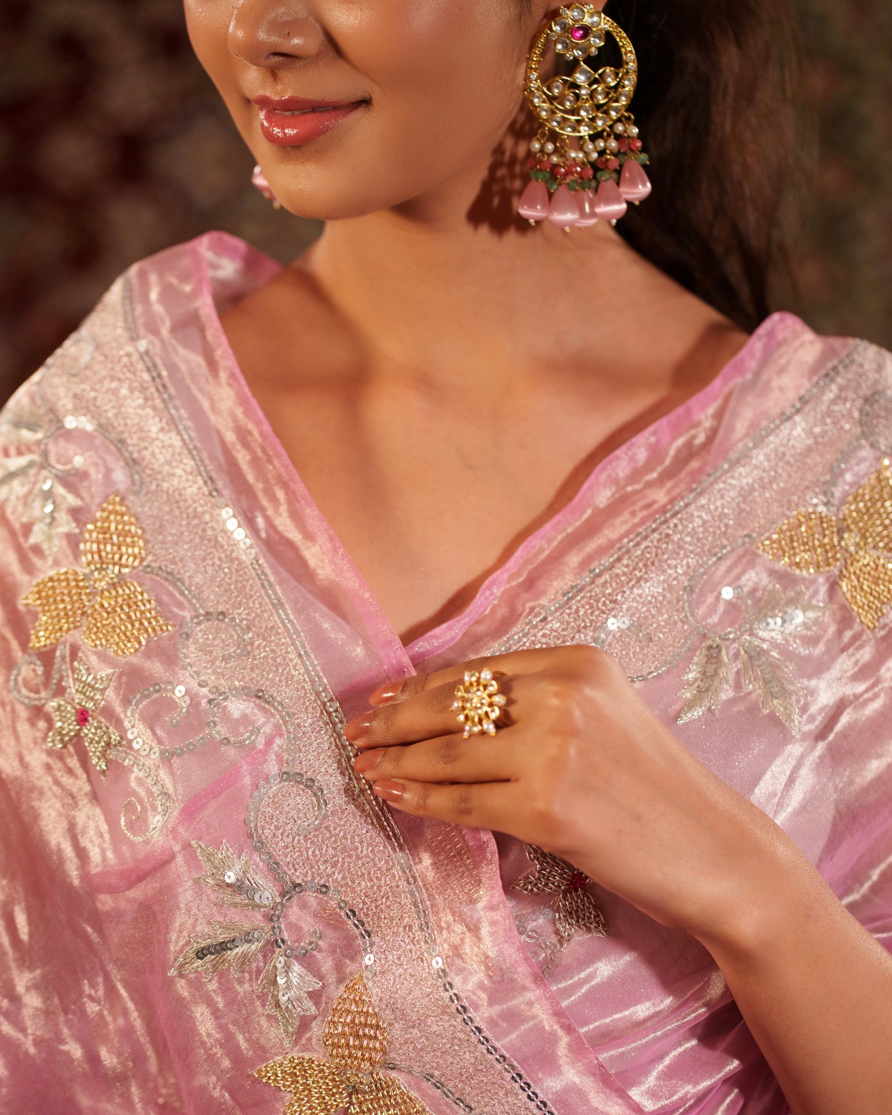 Blush Pink Tissue Saree – Floral Embroidery