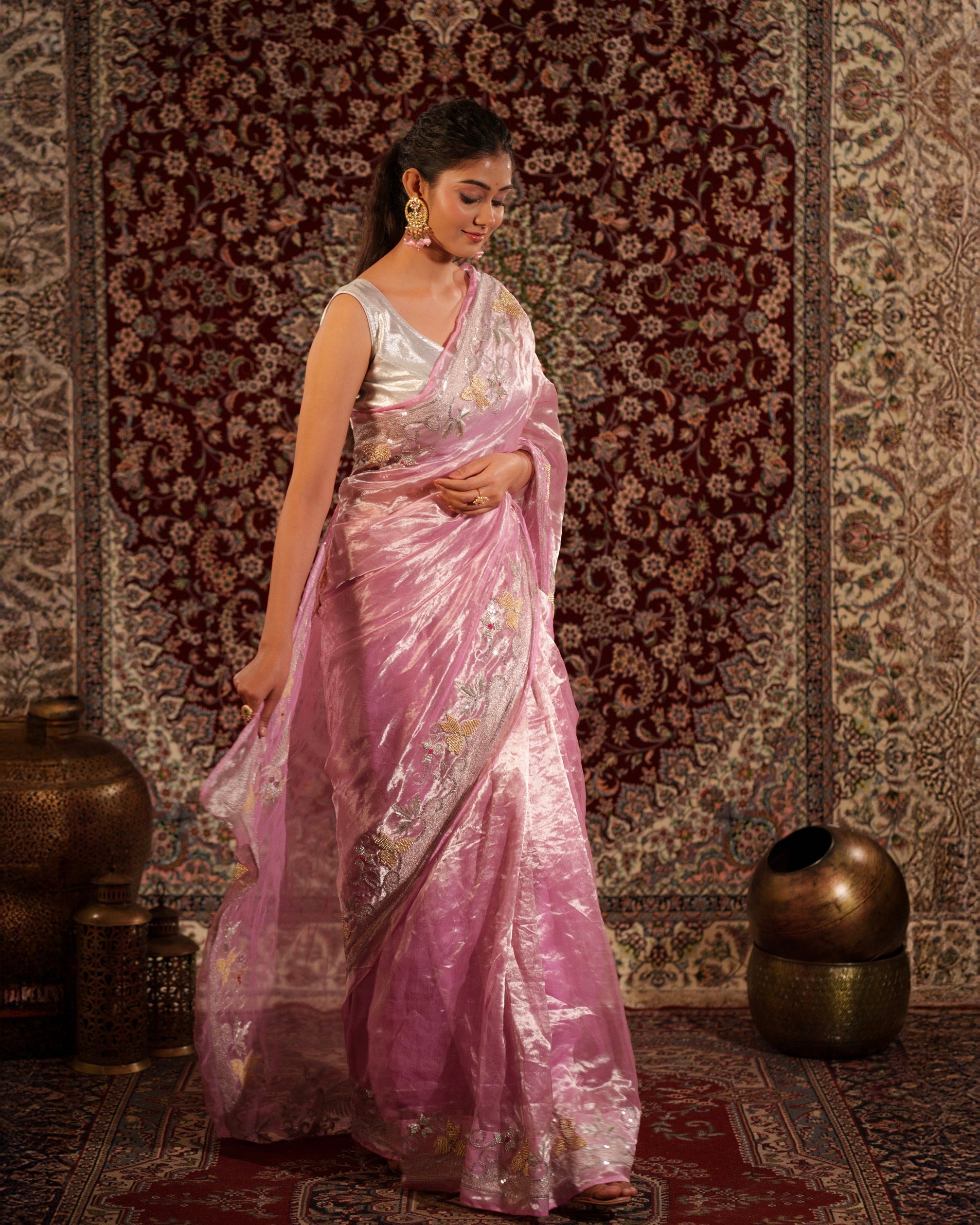 Blush Pink Tissue Saree – Floral Embroidery
