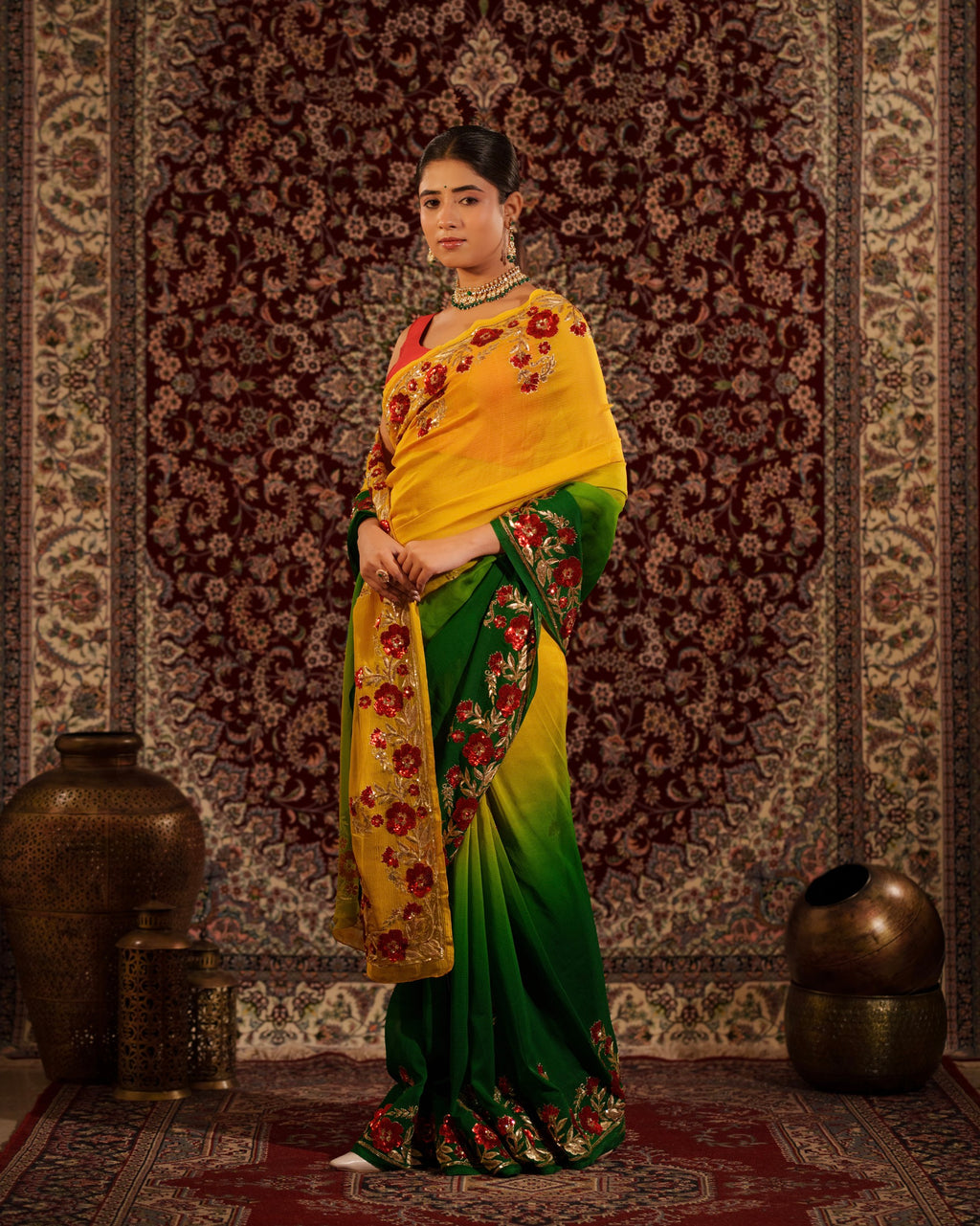 Yellow And Green Shaded Chiffon Saree With Sequins and Zardozi Work