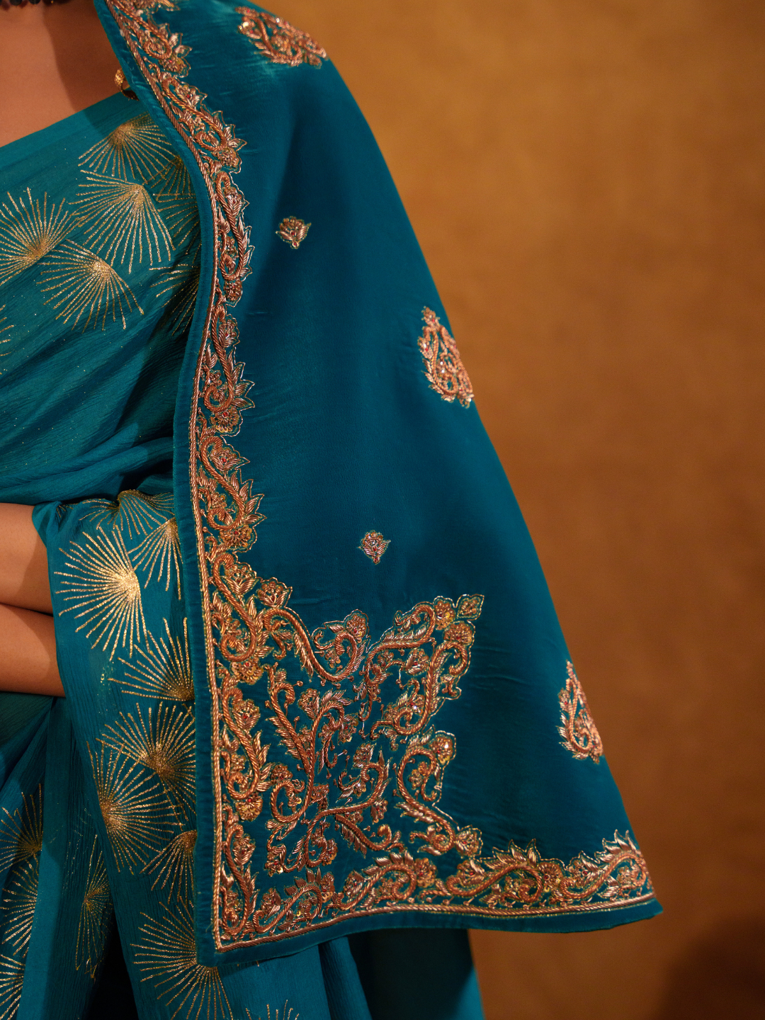 Teal Velvet Cape – Gold Zari Embroidery