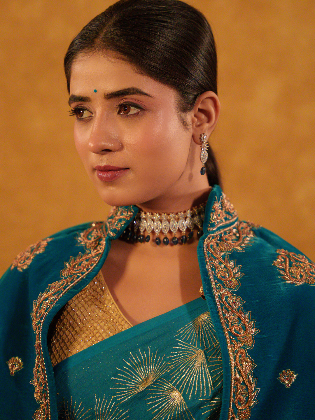 Teal Velvet Cape – Gold Zari Embroidery