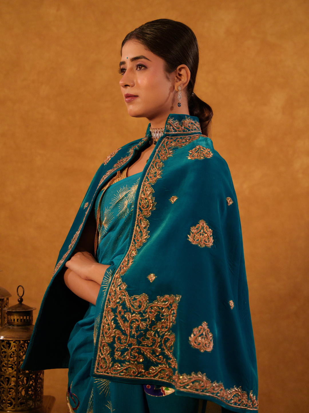Teal Velvet Cape – Gold Zari Embroidery