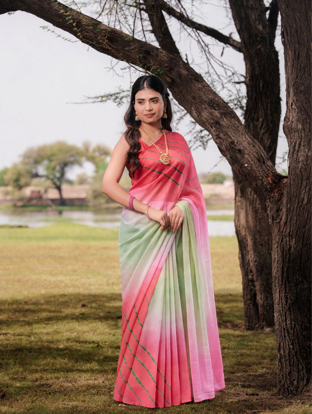 Tea Green and Watermelon Pink Multicolor Hand-Dyed Double Diamond Chiffon Saree